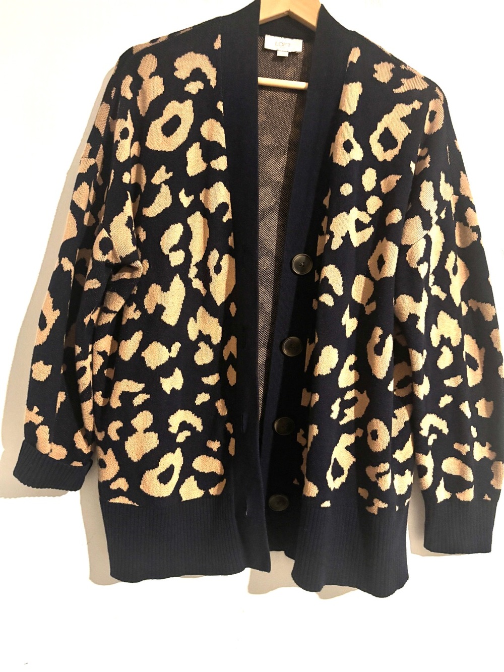 LOFT Size XL Black and Tan Leopard Knit Open Cardigan
